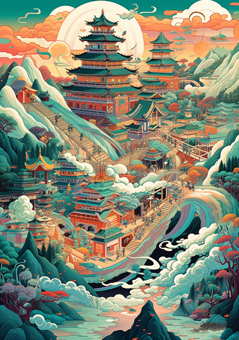 中式建筑密集高楼插画国潮,插画/手绘图,插画/手绘图库,插画/手绘图下载,插画/手绘